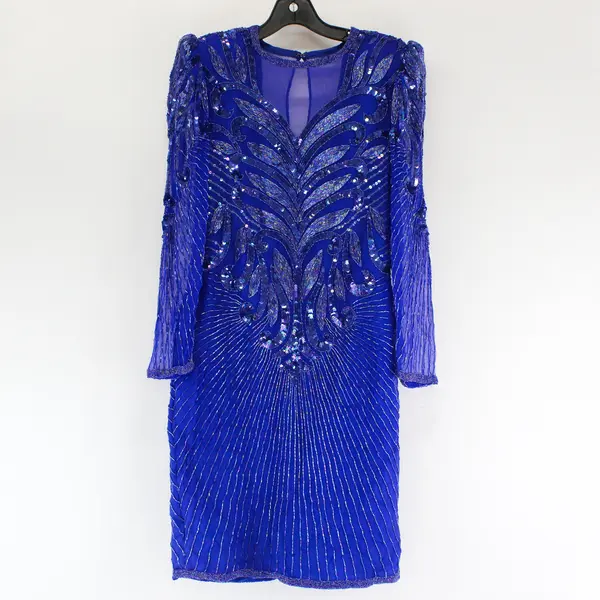 Vintage Scala Beaded Blue Knee-Length Silk Dress Women's Size Small