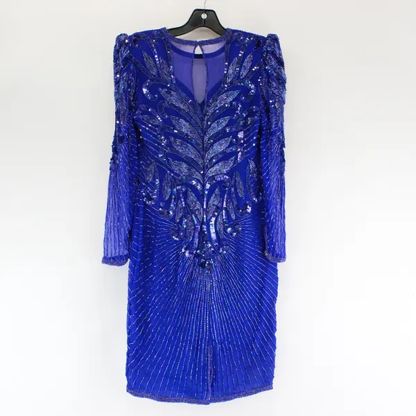 Vintage Scala Beaded Blue Knee-Length Silk Dress Women's Size Small