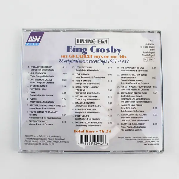 Bing Crosby CD: His Greatest Hits of the 30's, 2001 