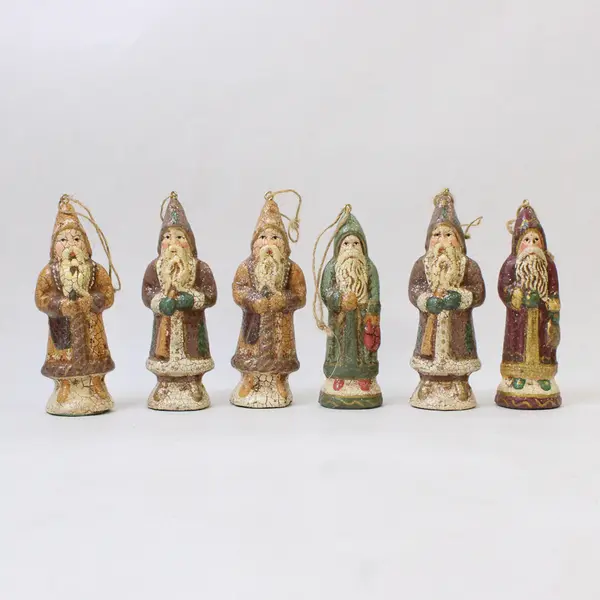 Lot of 6 Vintage-Style Crackle-Glaze Santa Claus Ornaments - New