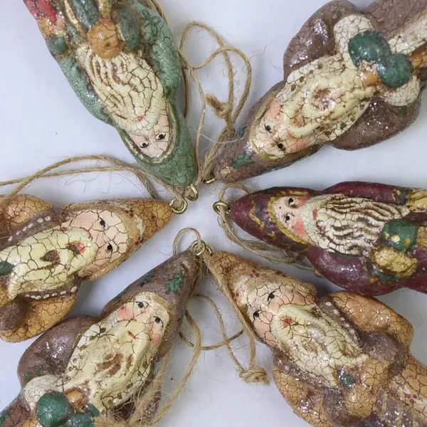 Lot of 6 Vintage-Style Crackle-Glaze Santa Claus Ornaments - New
