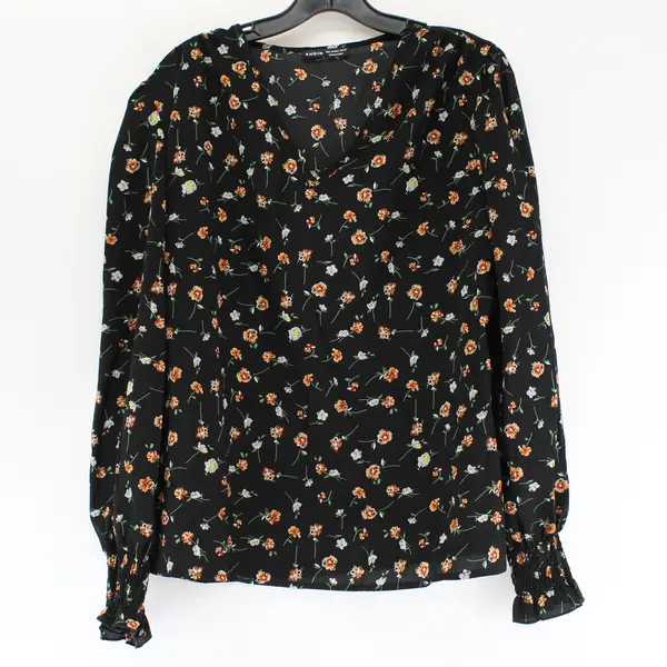 Shein Black W/ Orange & White Floral Long Sleeve Blouse Top Women's Size 8/10