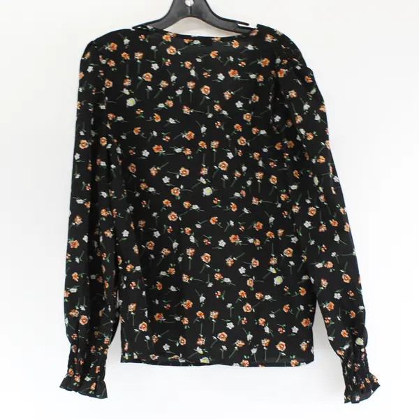 Shein Black W/ Orange & White Floral Long Sleeve Blouse Top Women's Size 8/10