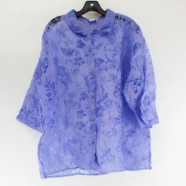 Salon Studio Purple Sheer Floral Quarter Length Sleeve Button Up Women's Size XL