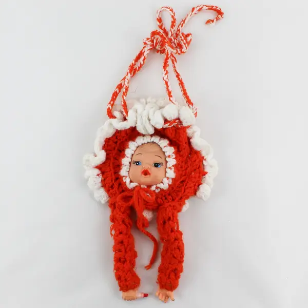 Vintage Girls Orange And White Handmade Knit Doll Purse