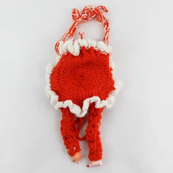 Vintage Girls Orange And White Handmade Knit Doll Purse