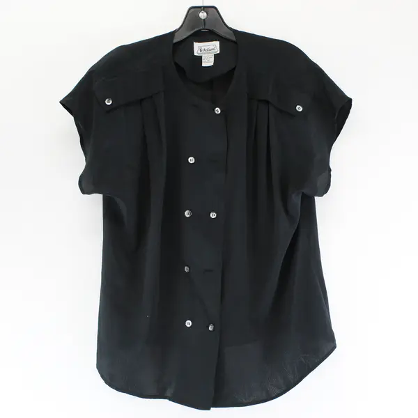 Notations Solid Black Short Sleeve Button Up Top Shoulder Pads Women's Size 14