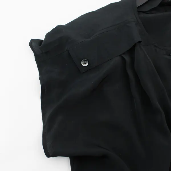 Notations Solid Black Short Sleeve Button Up Top Shoulder Pads Women's Size 14