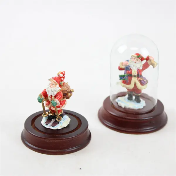 Lot of 2 Department 56 Mini Santa Figurines with Wood Pedestals & Glass Dome