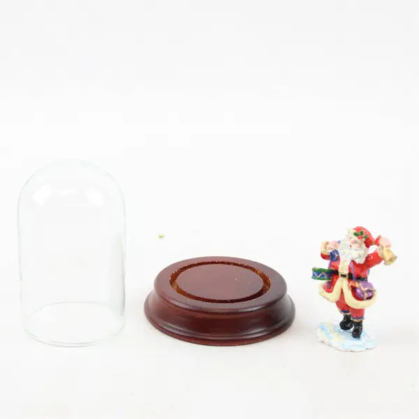 Lot of 2 Department 56 Mini Santa Figurines with Wood Pedestals & Glass Dome