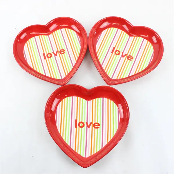 Set of 3 Red Heart-Shaped Ceramic Dessert Plates w/ Multi-Color Stripe