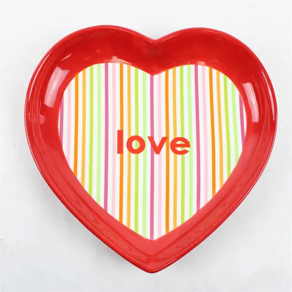 Set of 3 Red Heart-Shaped Ceramic Dessert Plates w/ Multi-Color Stripe