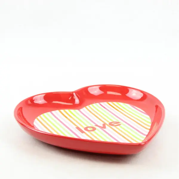 Set of 3 Red Heart-Shaped Ceramic Dessert Plates w/ Multi-Color Stripe