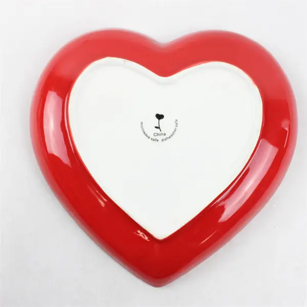 Set of 3 Red Heart-Shaped Ceramic Dessert Plates w/ Multi-Color Stripe