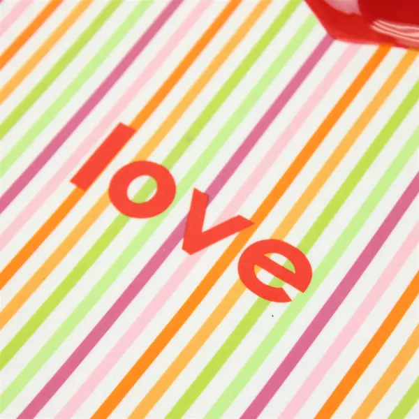 Set of 3 Red Heart-Shaped Ceramic Dessert Plates w/ Multi-Color Stripe