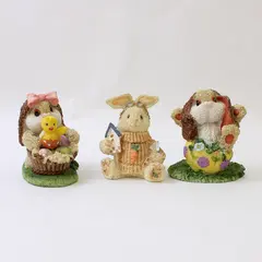 Lot of 3 Decorative Easter Bunny Rabbit Figurines with Fuzzy Texture, 1998