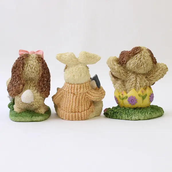 Lot of 3 Decorative Easter Bunny Rabbit Figurines with Fuzzy Texture, 1998