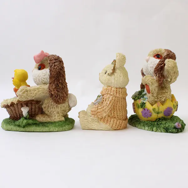 Lot of 3 Decorative Easter Bunny Rabbit Figurines with Fuzzy Texture, 1998
