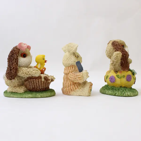 Lot of 3 Decorative Easter Bunny Rabbit Figurines with Fuzzy Texture, 1998