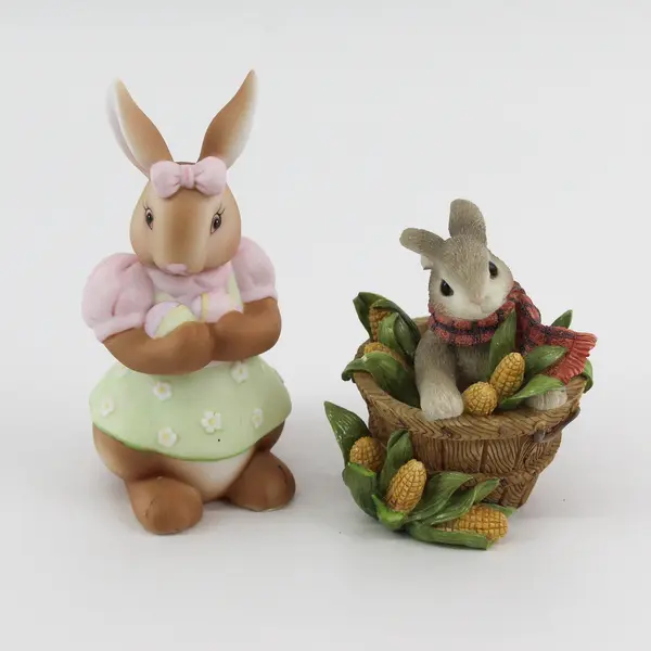 Lot 2 Ceramic Easter Bunny Figurines, Sweet Basket of Blessings 1997
