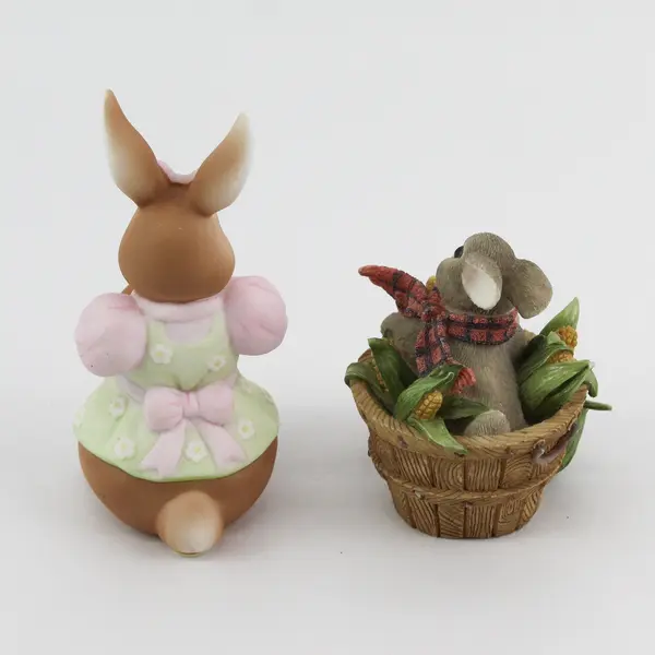 Lot 2 Ceramic Easter Bunny Figurines, Sweet Basket of Blessings 1997