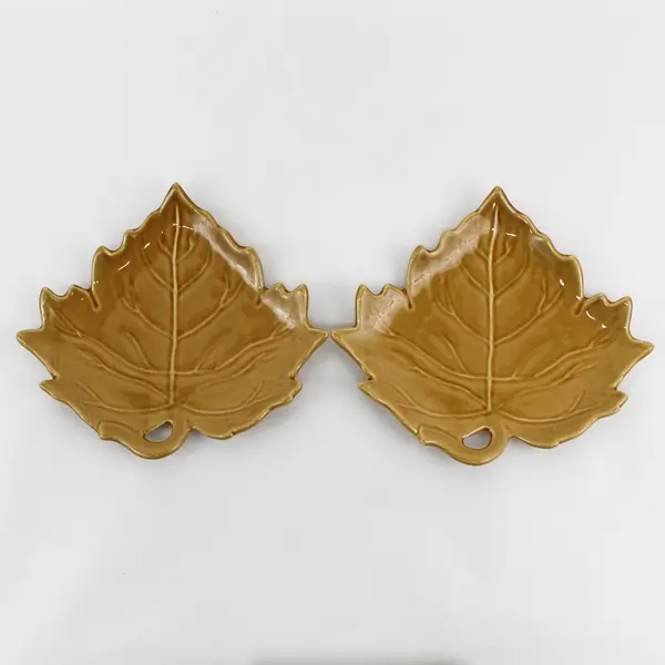 Lot Of 2 Enesco Matching Mustard Yellow Maple Leaf Shaped Ceramic Decor Plates