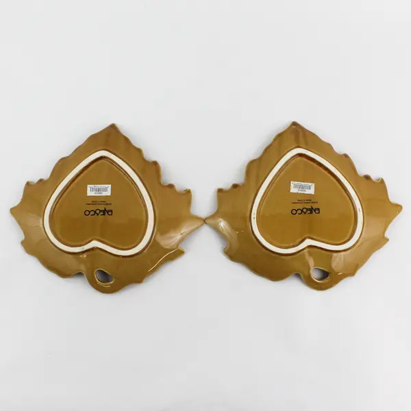 Lot Of 2 Enesco Matching Mustard Yellow Maple Leaf Shaped Ceramic Decor Plates