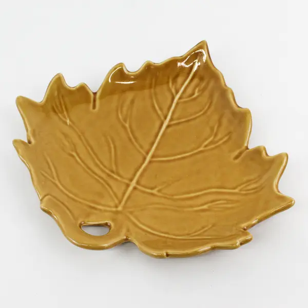 Lot Of 2 Enesco Matching Mustard Yellow Maple Leaf Shaped Ceramic Decor Plates