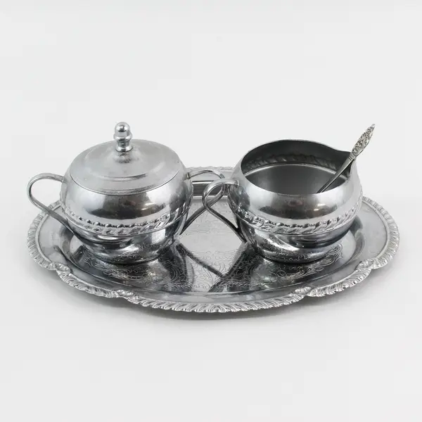 Set Of 5 Irvinware Chrome Metal Cream & Covered Sugar Set W/ Underplate & Spoon