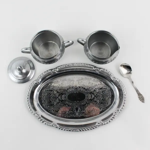 Set Of 5 Irvinware Chrome Metal Cream & Covered Sugar Set W/ Underplate & Spoon