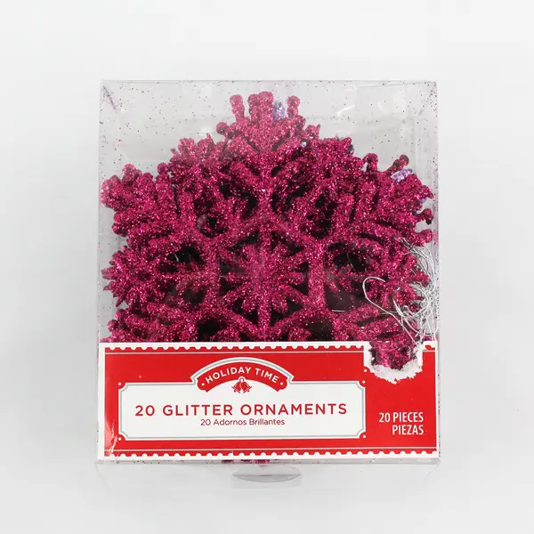 Set Of 20 Walmart Holiday Time Pink/Purple Glitter Snowflakes Hanging Ornaments