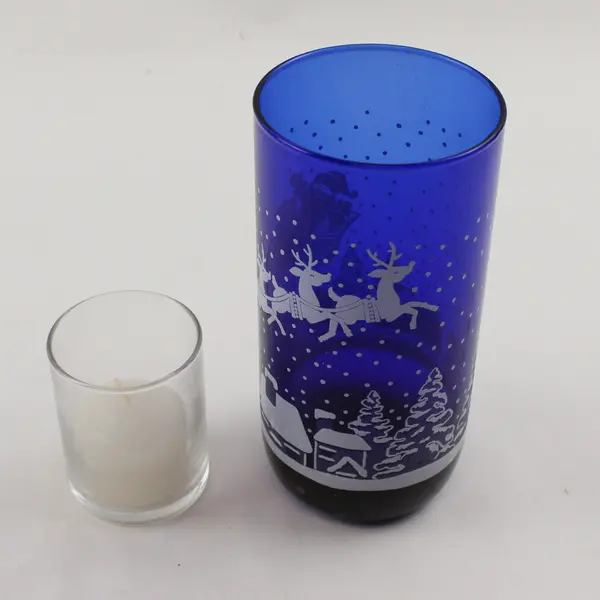 Vintage Libbey Cobalt Blue Santa Glass Candle Holder Votive 9in