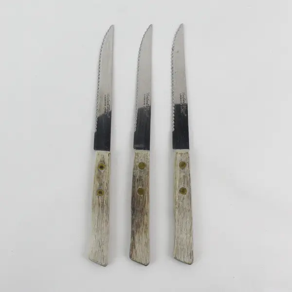 3 Vintage Hanford Forge Stainless Steel Steak Knives Wood Handle Japan 4” Blade