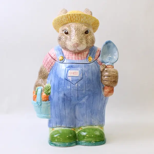 VTG 1996 Fabri-Centers Easter Spring Rabbit Farmer Ceramic Cookie Jar 11.5"