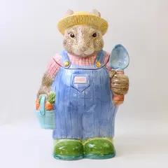 VTG 1996 Fabri-Centers Easter Spring Rabbit Farmer Ceramic Cookie Jar 11.5"