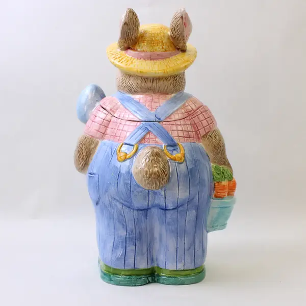 VTG 1996 Fabri-Centers Easter Spring Rabbit Farmer Ceramic Cookie Jar 11.5"