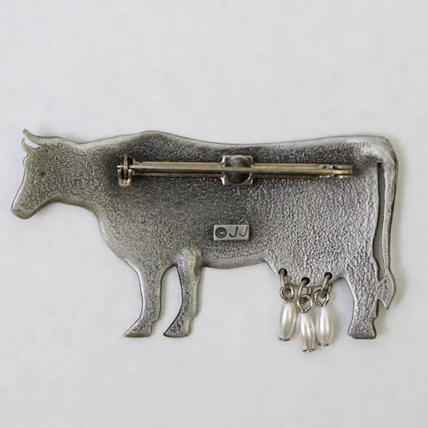 Vintage Jonette Jewelry Pewter and Faux Pearl Dairy Cow Brooch 2.5"