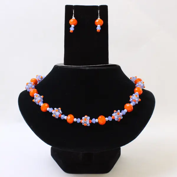 Orange and Blue Art Glass Beaded Necklace and Earrings Set Demi-Parure