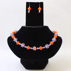 Orange and Blue Art Glass Beaded Necklace and Earrings Set Demi-Parure