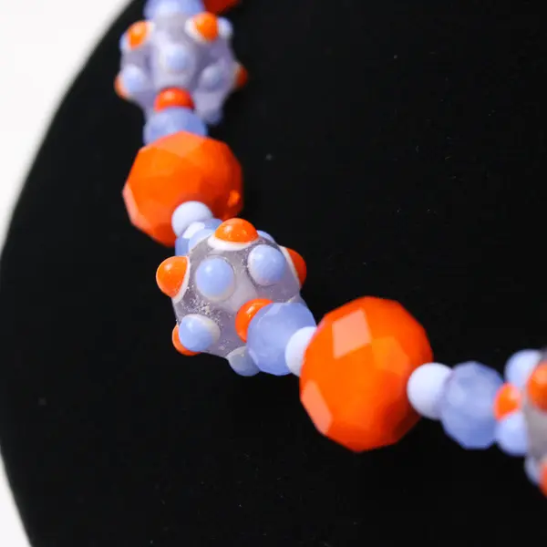 Orange and Blue Art Glass Beaded Necklace and Earrings Set Demi-Parure