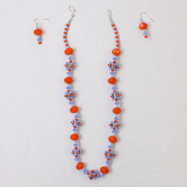 Orange and Blue Art Glass Beaded Necklace and Earrings Set Demi-Parure