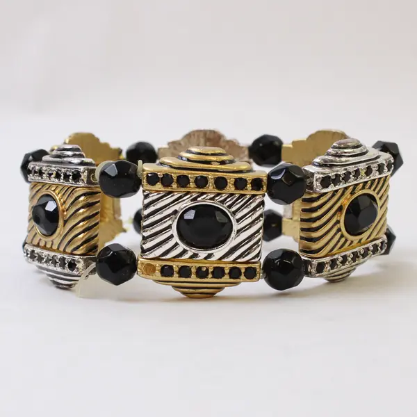 Chico's Mixed Metal Black Beads Stretchy Bangle Bracelet