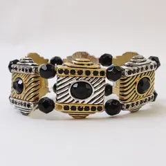 Chico's Mixed Metal Black Beads Stretchy Bangle Bracelet