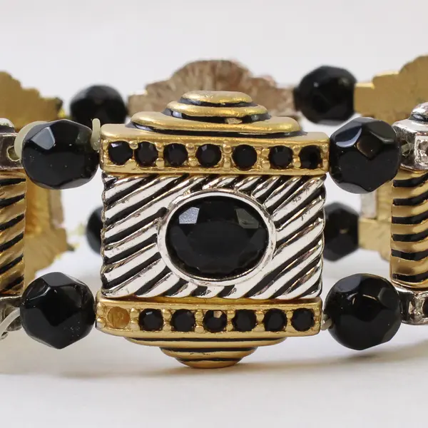 Chico's Mixed Metal Black Beads Stretchy Bangle Bracelet