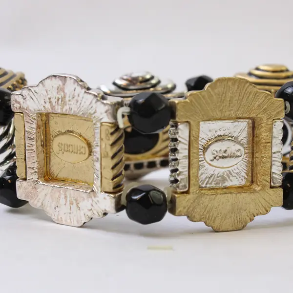 Chico's Mixed Metal Black Beads Stretchy Bangle Bracelet