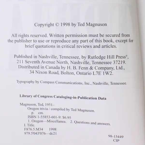 Oregon Trivia Compiled by Ted Magnuson 1998 1st Edition Paperback Very Good