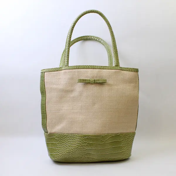 Estée Lauder Canvas And Green Faux Leather Tote Bag