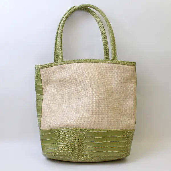 Estée Lauder Canvas And Green Faux Leather Tote Bag