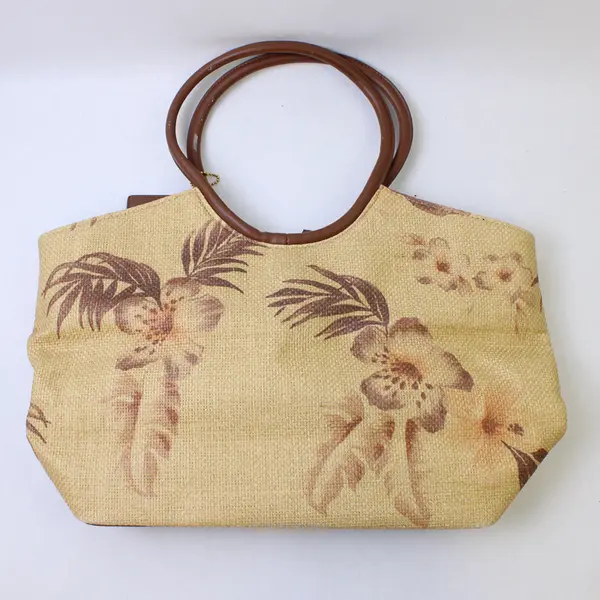 Bueno Brown Floral Woven Straw Handbag - Fully Lined w/Several Internal Pockets