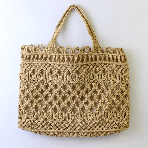 Vintage 1960's Handmade Macramé Hand-Woven Jute Lined Tote Bag
